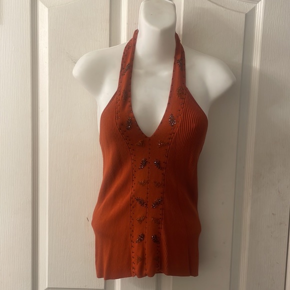 Burnt Orange Ribbed embellished beaded halter top size Large - Picture 3 of 9